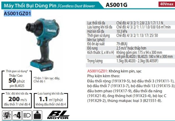 Makita AS001GZ01 MÁY THỔI BỤI DÙNG PIN(BL)(40V MAX) (không kèm pin sạc)