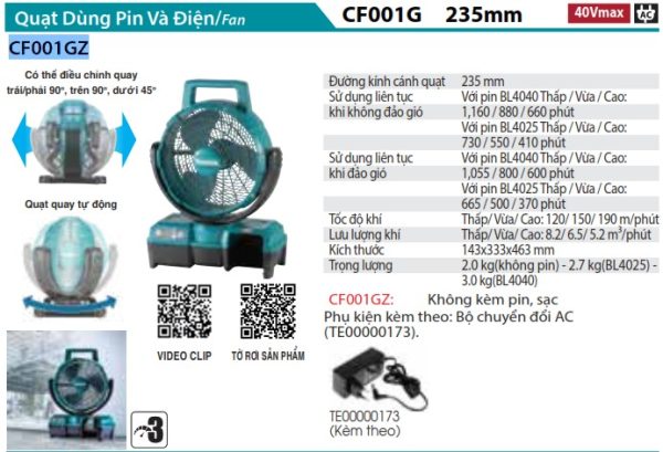 Makita CF001GZ QUẠT DÙNG ĐIỆN VÀ PIN(40V MAX) (không kèm pin sạc)