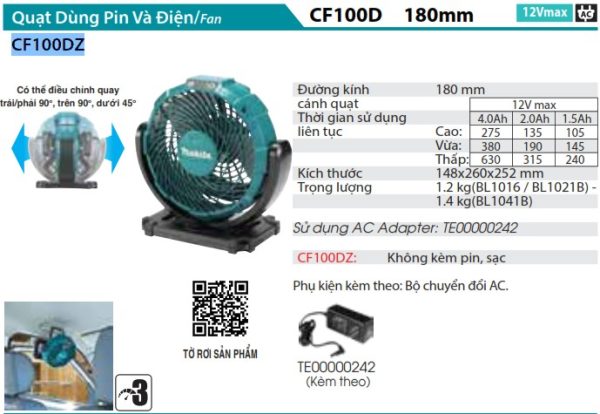 Makita CF100DZ QUẠT DÙNG PIN(12V MAX) (không kèm pin sạc)