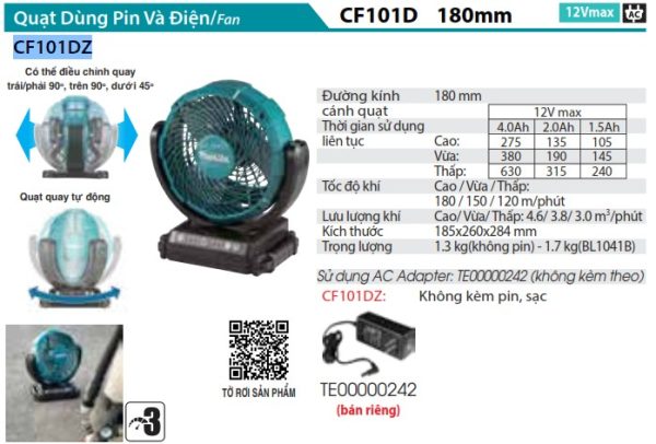 Makita CF101DZ QUẠT DÙNG PIN(12V MAX) (không kèm pin sạc)