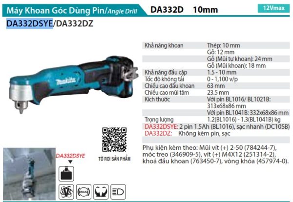 Makita DA332DSYE MÁY KHOAN GÓC(12V MAX) (kèm 02 pin 1.5AH + sạc)