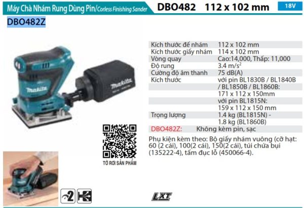 Makita DBO482Z MÁY CHÀ NHÁM RUNG DÙNG PIN(ĐẾ NHÔM/ (không kèm pin sạc)