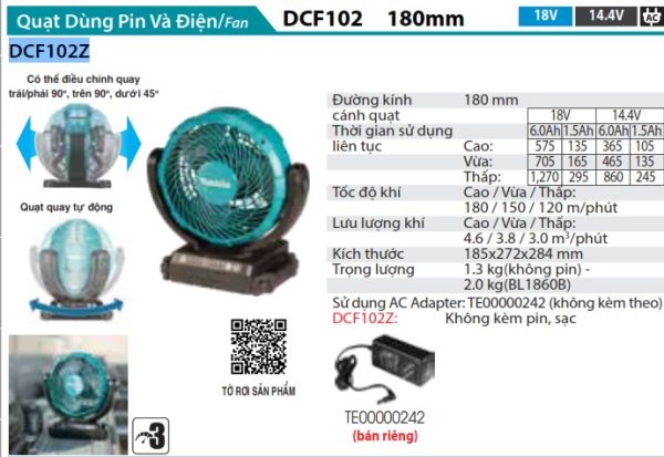 Makita DCF102Z QUẠT DÙNG PIN(18V) (không kèm pin sạc)