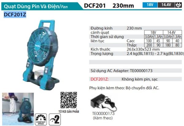 Makita DCF201Z QUẠT DÙNG PIN VÀ ĐIỆN(18V/14.4V) (không kèm pin sạc)