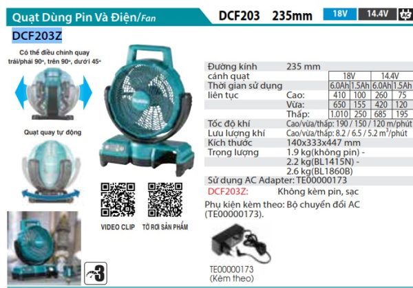 Makita DCF203Z QUẠT DÙNG PIN VÀ ĐIỆN(18V) (không kèm pin sạc)