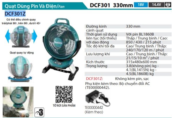 Makita DCF301Z QUẠT DÙNG PIN(18V/14.4V/AC) (không kèm pin sạc)