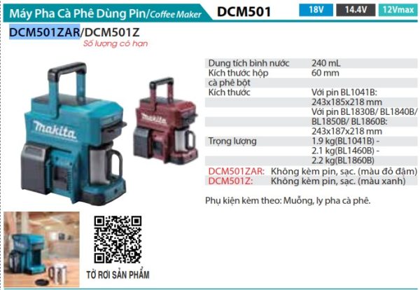 Makita DCM501ZAR MÁY PHA CÀ PHÊ DÙNG PIN(18V/14.4V/12V MA (không kèm pin sạc)