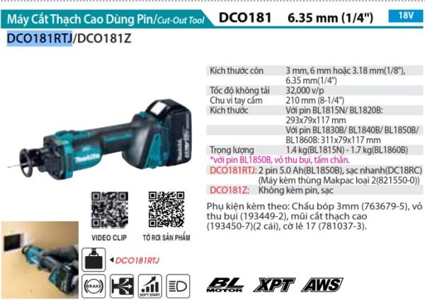 Makita DCO181RTJ MÁY CẮT THẠCH CAO DÙNG PIN(BL)(18V) (kèm 02 pin 5.0 + sạc nhanh)