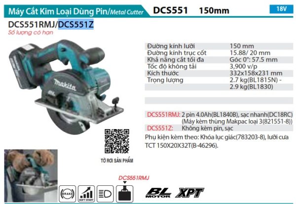 Makita DCS551Z MÁY CẮT KIM LOẠI DÙNG PIN(150MM/BL)(18V) (không kèm pin sạc)