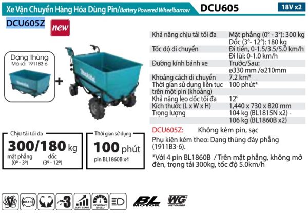 Makita DCU605Z XE VẬN CHUYỂN HÀNG HÓA DÙNG PIN(DẠNG THÙNG ĐẾ BẰNG/BL)(18VX2)