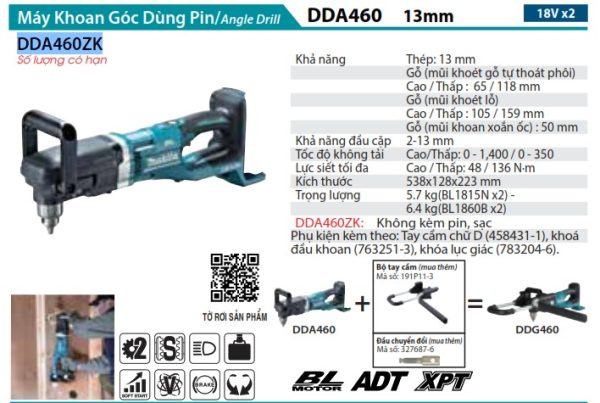 Makita DDA460ZK MÁY KHOAN GÓC DÙNG PIN(BL)(18Vx2) (không kèm pin sạc)