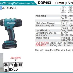 Makita DDF453SYE MÁY KHOAN VÀ VẶN VÍT DÙNG PIN(18V) (kèm 02 pin + sạc)