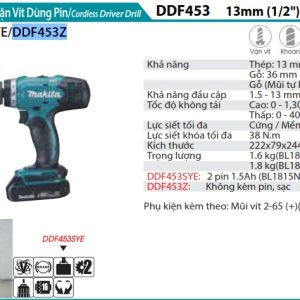 Makita DDF453Z MÁY KHOAN VÀ VẶN VÍT DÙNG PIN(18V) (không kèm pin sạc)