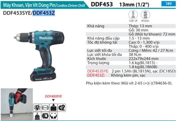 Makita DDF453Z MÁY KHOAN VÀ VẶN VÍT DÙNG PIN(18V) (không kèm pin sạc)