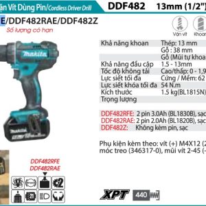 Makita DDF482RFE MÁY KHOAN VÀ VẶN VÍT DÙNG PIN(18V) (kèm 02 pin 3.0 + sạc nhanh)