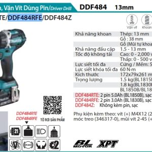 Makita DDF484RFE MÁY KHOAN VÀ VẶN VÍT DÙNG PIN(BL)(18V) (kèm 02 pin 3.0 + sạc nhanh)