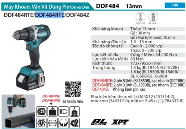 Makita DDF484RFE MÁY KHOAN VÀ VẶN VÍT DÙNG PIN(BL)(18V) (kèm 02 pin 3.0 + sạc nhanh)