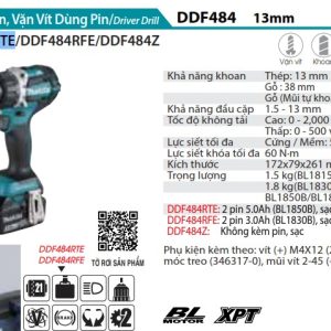 Makita DDF484RTE MÁY KHOAN VÀ VẶN VÍT DÙNG PIN(BL)(18V) (kèm 02 pin 5.0 + sạc nhanh)