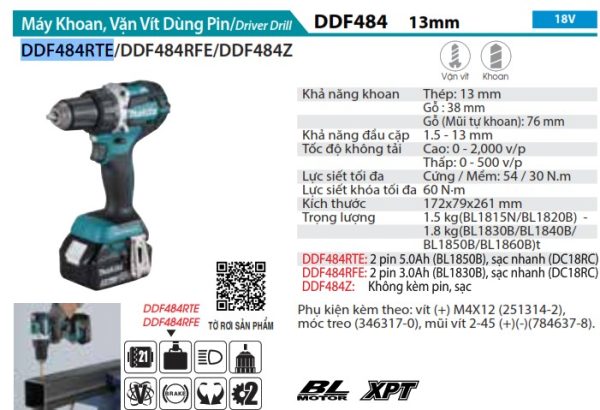 Makita DDF484RTE MÁY KHOAN VÀ VẶN VÍT DÙNG PIN(BL)(18V) (kèm 02 pin 5.0 + sạc nhanh)