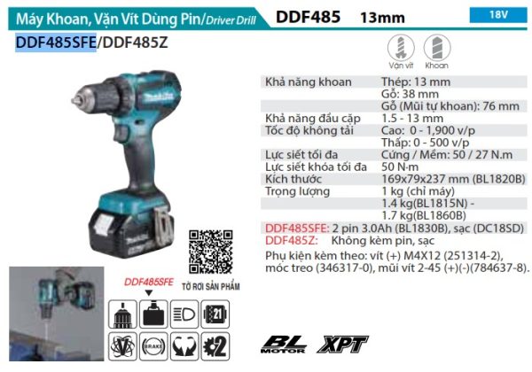 Makita DDF484Z MÁY KHOAN VÀ VẶN VÍT DÙNG PIN(BL)(18V) (không kèm pin sạc)