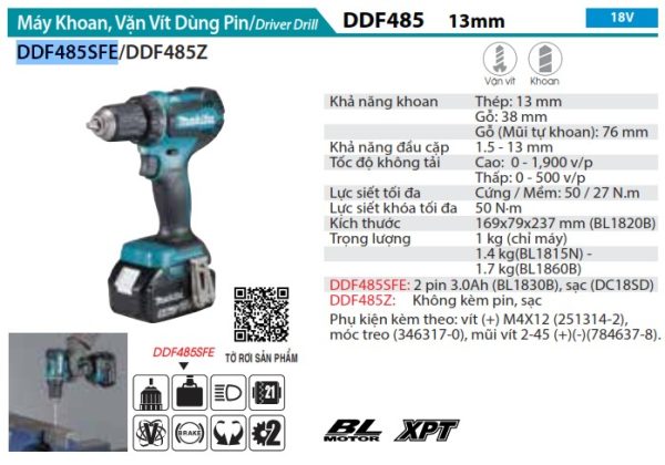 Makita DDF485SFE MÁY KHOAN VÀ VẶN VÍT DÙNG PIN(BL)(18V) (kèm 02 pin 3.0 + sạc)