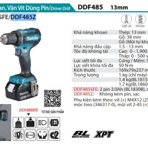 Makita DDF485Z MÁY KHOAN VÀ VẶN VÍT DÙNG PIN(BL)(18V) (không kèm pin sạc)