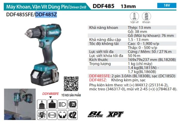 Makita DDF485Z MÁY KHOAN VÀ VẶN VÍT DÙNG PIN(BL)(18V) (không kèm pin sạc)