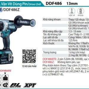 Makita DDF486RTE MÁY KHOAN VÀ VẶN VÍT DÙNG PIN(BL)(18V) (kèm 02 pin 5.0 + sạc nhanh)