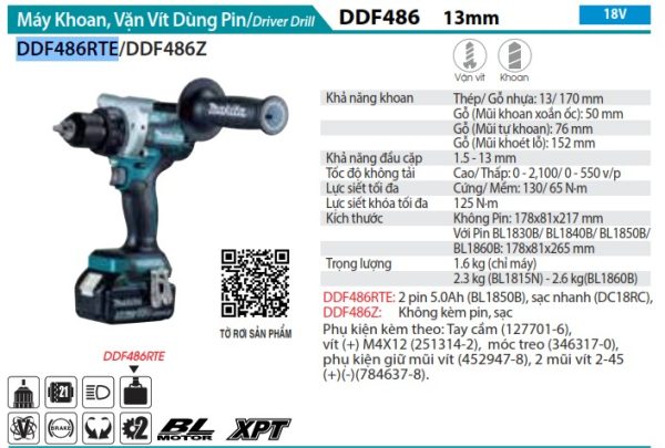 Makita DDF486RTE MÁY KHOAN VÀ VẶN VÍT DÙNG PIN(BL)(18V) (kèm 02 pin 5.0 + sạc nhanh)