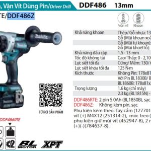 Makita DDF486Z MÁY KHOAN VÀ VẶN VÍT DÙNG PIN(BL)(18V) (không kèm pin sạc)