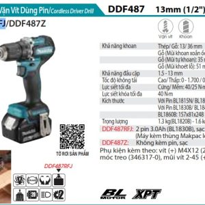 Makita DDF487RFJ MÁY KHOAN VÀ VẶN VÍT DÙNG PIN(BL)(18V) (kèm 02 pin 3.0 + sạc nhanh)