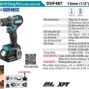 Makita DDF487Z MÁY KHOAN VÀ VẶN VÍT DÙNG PIN(BL)(18V) (không kèm pin sạc)