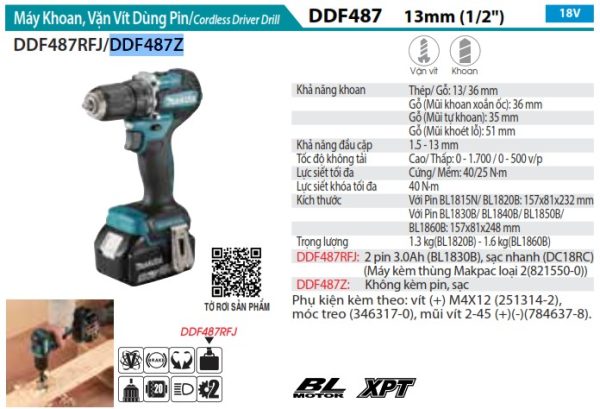 Makita DDF487Z MÁY KHOAN VÀ VẶN VÍT DÙNG PIN(BL)(18V) (không kèm pin sạc)