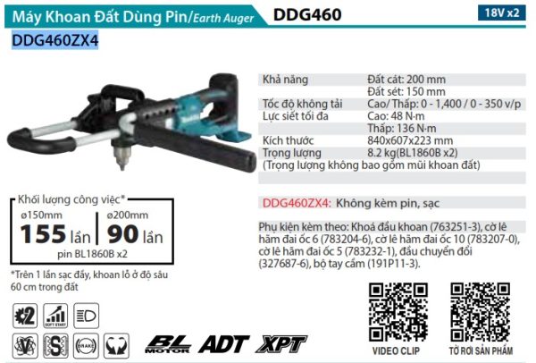 Makita DDG460ZX4 MÁY KHOAN ĐẤT DÙNG PIN(BL)(18VX2) (không kèm pin sạc)