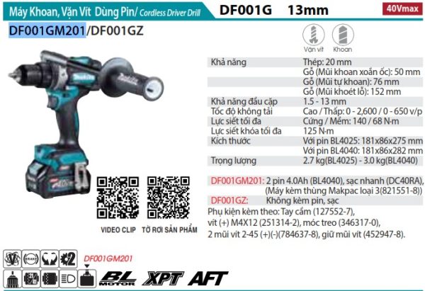 Makita DF001GM201 MÁY KHOAN VÀ VẶN VÍT DÙNG PIN(BL)(40V MA (kèm 02 pin 4.0Ah + sạc nhanh)