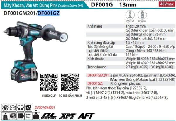 Makita DF001GZ MÁY KHOAN VÀ VẶN VÍT DÙNG PIN(BL)(40V MA (không kèm pin sạc)