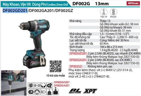 Makita DF002GD201 MÁY KHOAN VÀ VẶN VÍT DÙNG PIN(BL)(40V MA (kèm 02 pin 2.5 Ah + sạc)