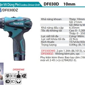 Makita DF030DWE MÁY KHOAN VÀ VẶN VÍT DÙNG PIN(10.8V) (kèm 02 pin 1.5AH + sạc)