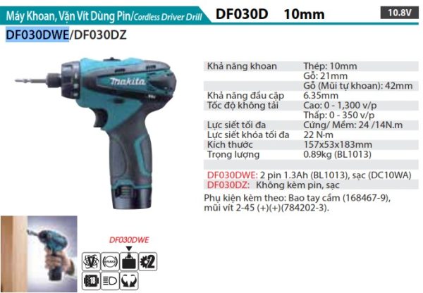 Makita DF030DWE MÁY KHOAN VÀ VẶN VÍT DÙNG PIN(10.8V) (kèm 02 pin 1.5AH + sạc)