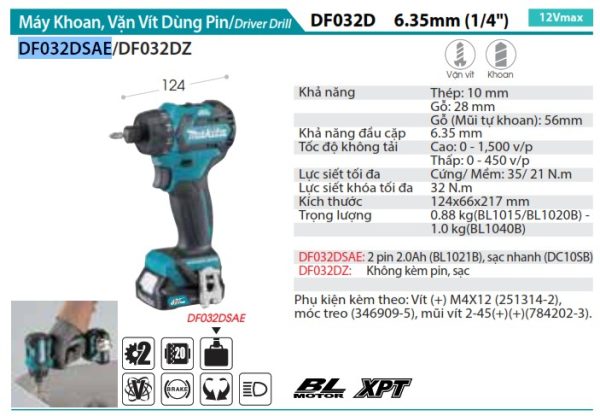 Makita DF032DSAE MÁY KHOAN VÀ VẶN VÍT DÙNG PIN(BL)(12V MA (kèm 02 pin 2.0 + sạc)