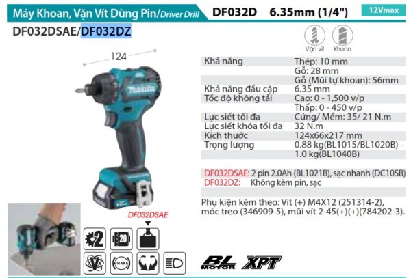 Makita DF032DZ MÁY KHOAN VÀ VẶN VÍT DÙNG PIN(BL)(12V MA (không kèm pin sạc)