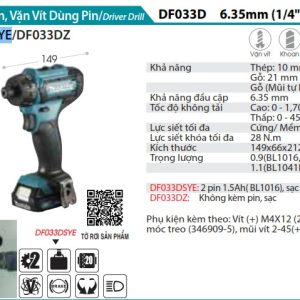 Makita DF033DSYE MÁY KHOAN VÀ VẶN VÍT DÙNG PIN(12V MAX) (kèm 02 pin 1.5AH + sạc)