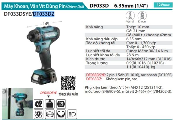 Makita DF033DZ MÁY KHOAN VÀ VẶN VÍT DÙNG PIN(12V MAX) (không kèm pin sạc)