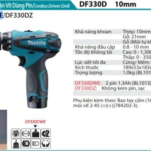 Makita DF330DWE MÁY KHOAN VÀ VẶN VÍT DÙNG PIN(10.8V) (kèm 02 pin 1.5AH + sạc)