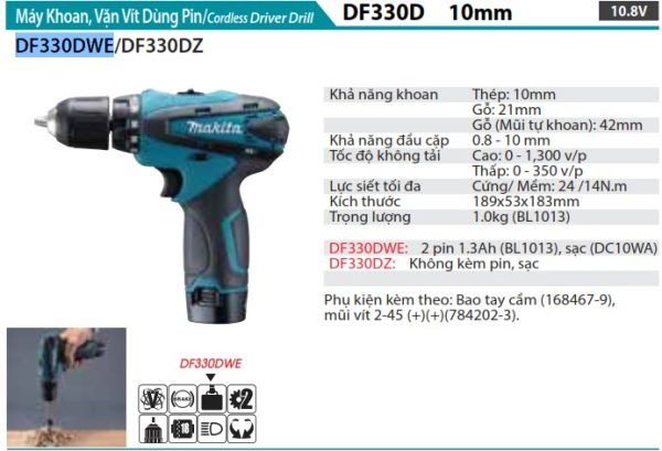 Makita DF330DWE MÁY KHOAN VÀ VẶN VÍT DÙNG PIN(10.8V) (kèm 02 pin 1.5AH + sạc)