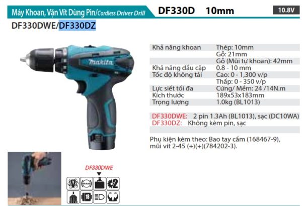 Makita DF330DZ MÁY KHOAN VÀ VẶN VÍT DÙNG PIN(10.8V) (không kèm pin sạc)