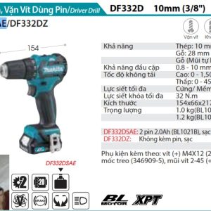 Makita DF332DSAE MÁY KHOAN VÀ VẶN VÍT DÙNG PIN(BL) (kèm 02 pin 2.0 + sạc)