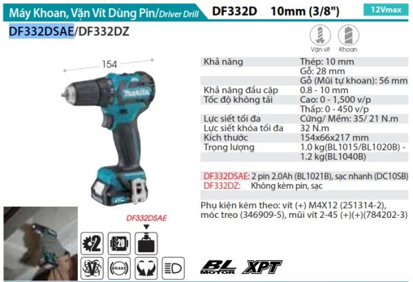 Makita DF332DSAE MÁY KHOAN VÀ VẶN VÍT DÙNG PIN(BL) (kèm 02 pin 2.0 + sạc)