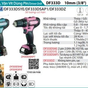 Makita DF333DSAE MÁY KHOAN VÀ VẶN VÍT DÙNG PIN(12V MAX) (kèm 02 pin 2.0 + sạc)