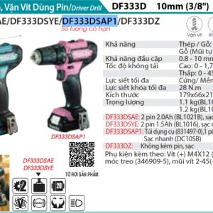 Makita DF333DSAP1 MÁY KHOAN VÀ VẶN VÍT DÙNG PIN(12V MAX) (kèm 01 pin + sạc)